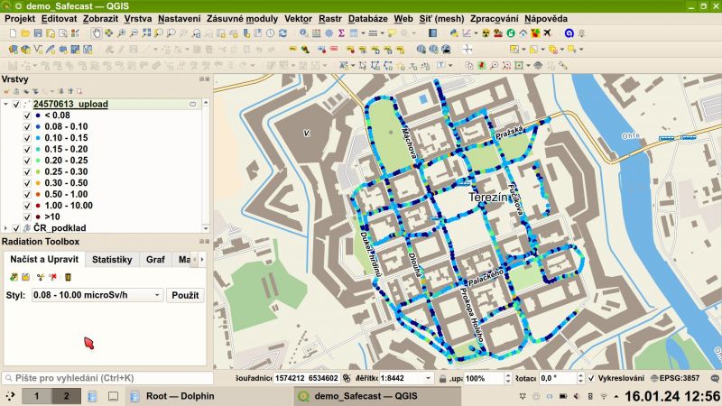 Ukázka dat z přístroje SAFECAST na offline mapě ČR